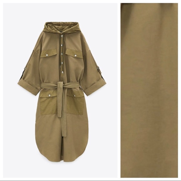 NWT. Zara Army Green Military Hooded Midi Dress with Belt. Size S. - Picture 4 of 9